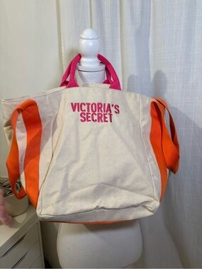 Victoria's Secret Cream Canvas Tote with Pink Logo and Orange Handles